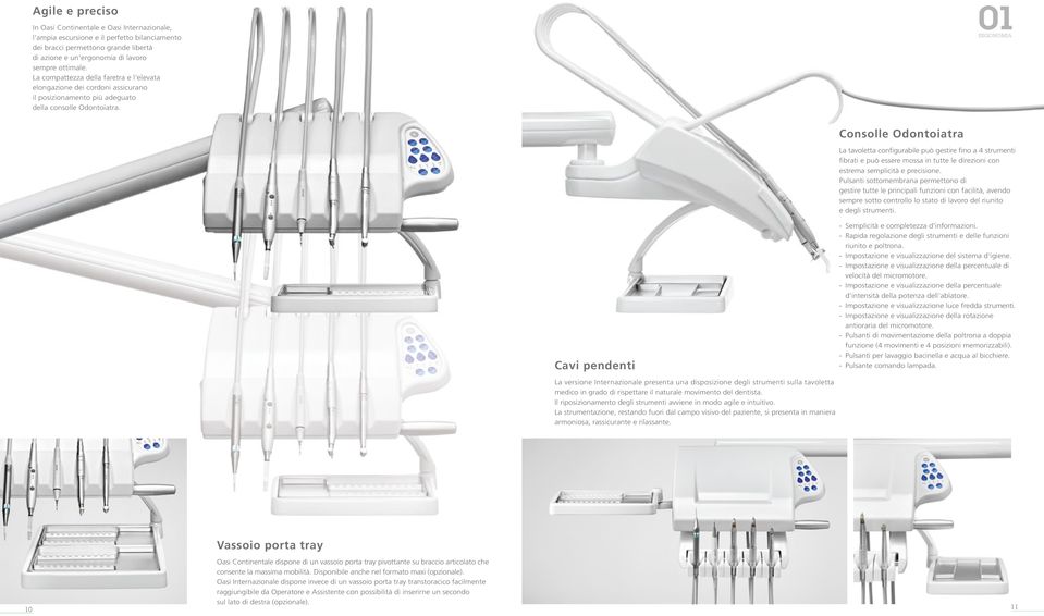01 ERGONOMIA Consolle Odontoiatra La tavoletta configurabile può gestire fino a 4 strumenti fibrati e può essere mossa in tutte le direzioni con estrema semplicità e precisione.
