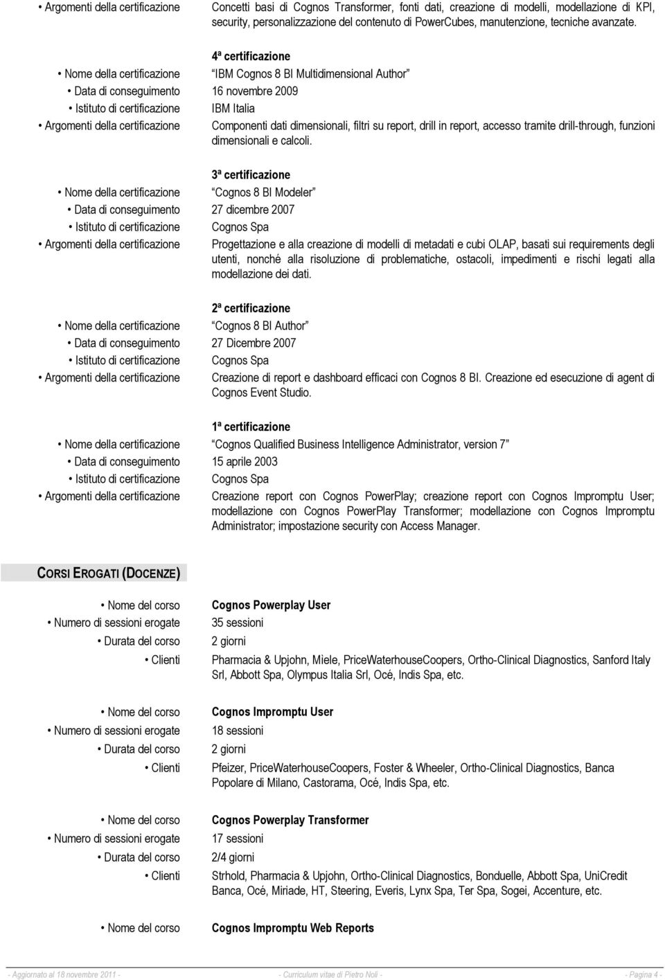 4ª certificazione Nome della certificazione IBM Cognos 8 BI Multidimensional Author Data di conseguimento 16 novembre 2009 Istituto di certificazione IBM Italia Argomenti della certificazione