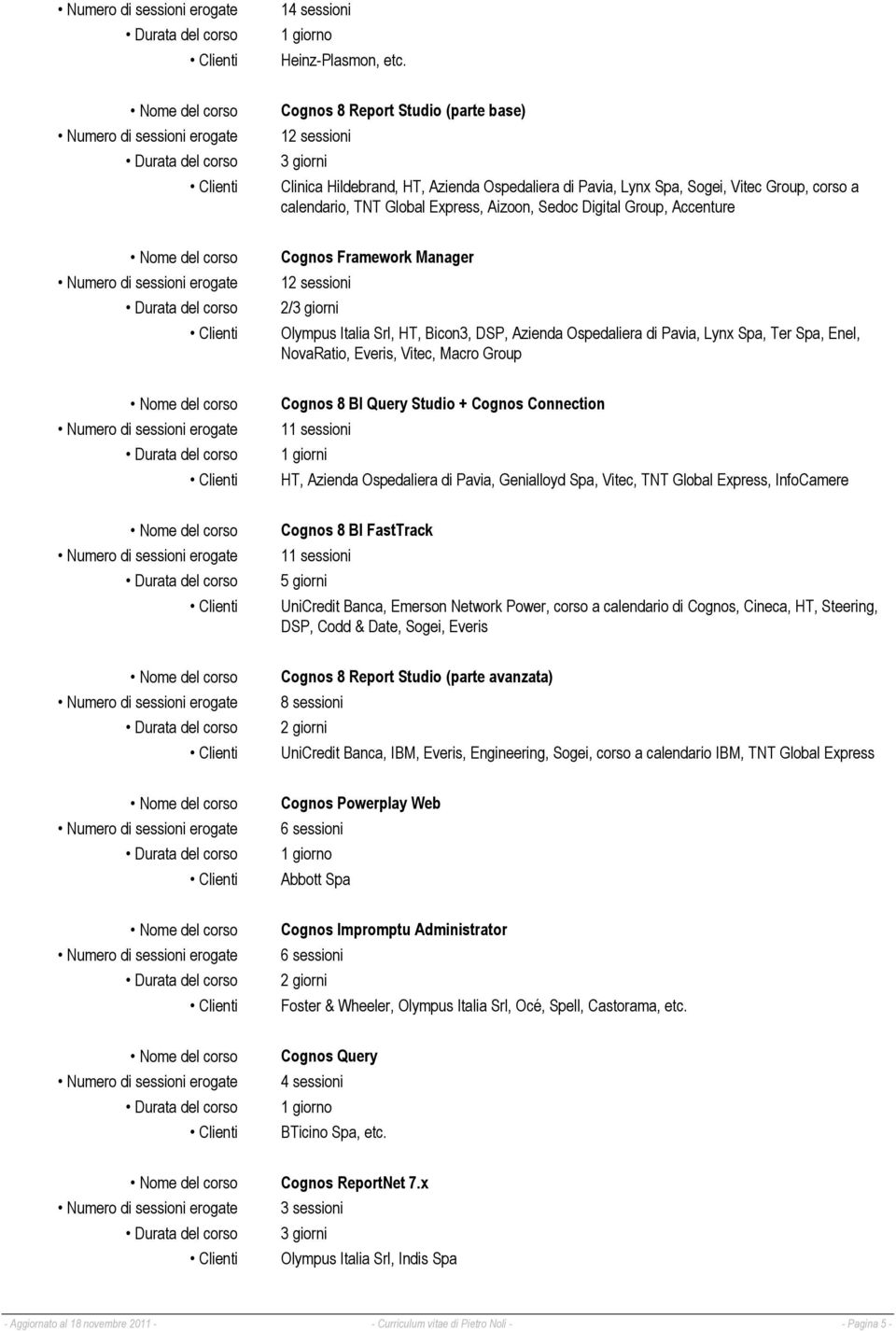 Digital Group, Accenture Cognos Framework Manager 12 sessioni 2/3 giorni Olympus Italia Srl, HT, Bicon3, DSP, Azienda Ospedaliera di Pavia, Lynx Spa, Ter Spa, Enel, NovaRatio, Everis, Vitec, Macro