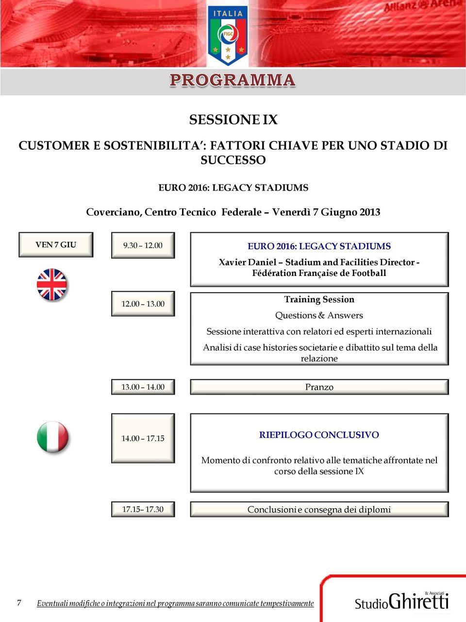 00 Training Session Questions & Answers Sessione interattiva con relatori ed esperti internazionali Analisi di case histories societarie e dibattito sul tema della relazione 13.00 14.