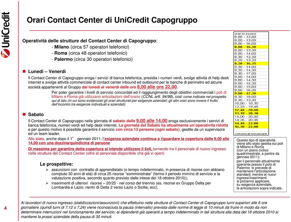 commerciale di contact center inbound ed outbound per le banche di perimetro ed alcune società appartenenti al Gruppo dal lunedì al venerdì dalle ore 8,00 alle ore 22,00.