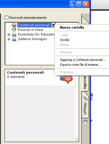 Per accedere alla Raccolta, premere la scheda Raccolta Verranno visualizzati due riquadri: un elenco di categorie e un riquadro con i contenuti visualizzati in anteprime degli elementi disponibili.