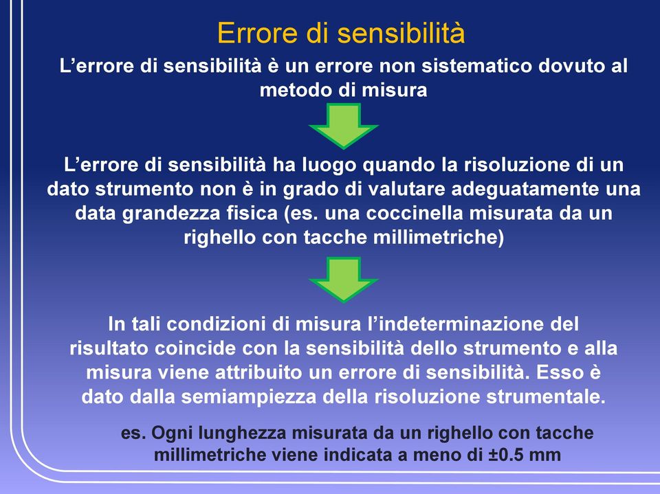 una coccinella misurata da un righello con tacche millimetriche) In tali condizioni di misura l indeterminazione del risultato coincide con la sensibilità