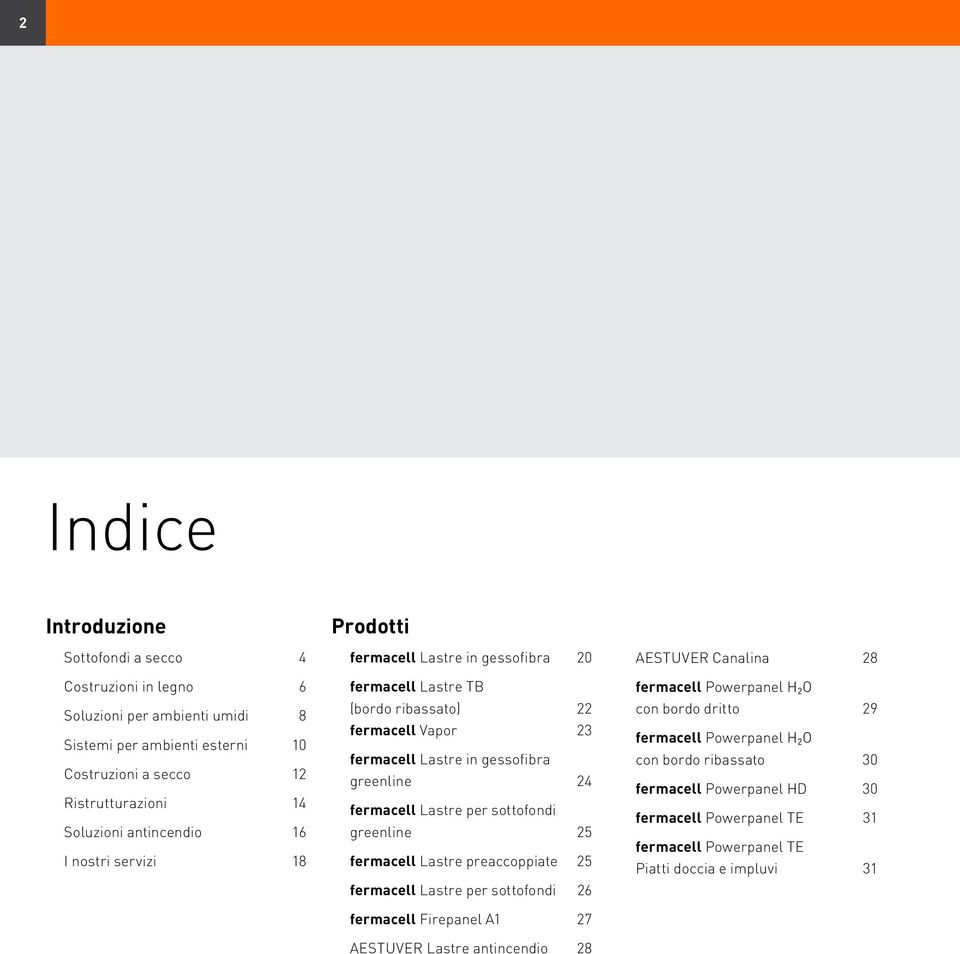 fermacell Lastre per sottofondi greenline 25 fermacell Lastre preaccoppiate 25 fermacell Lastre per sottofondi 26 fermacell Firepanel A1 27 AESTUVER Lastre antincendio 28 AESTUVER Canalina