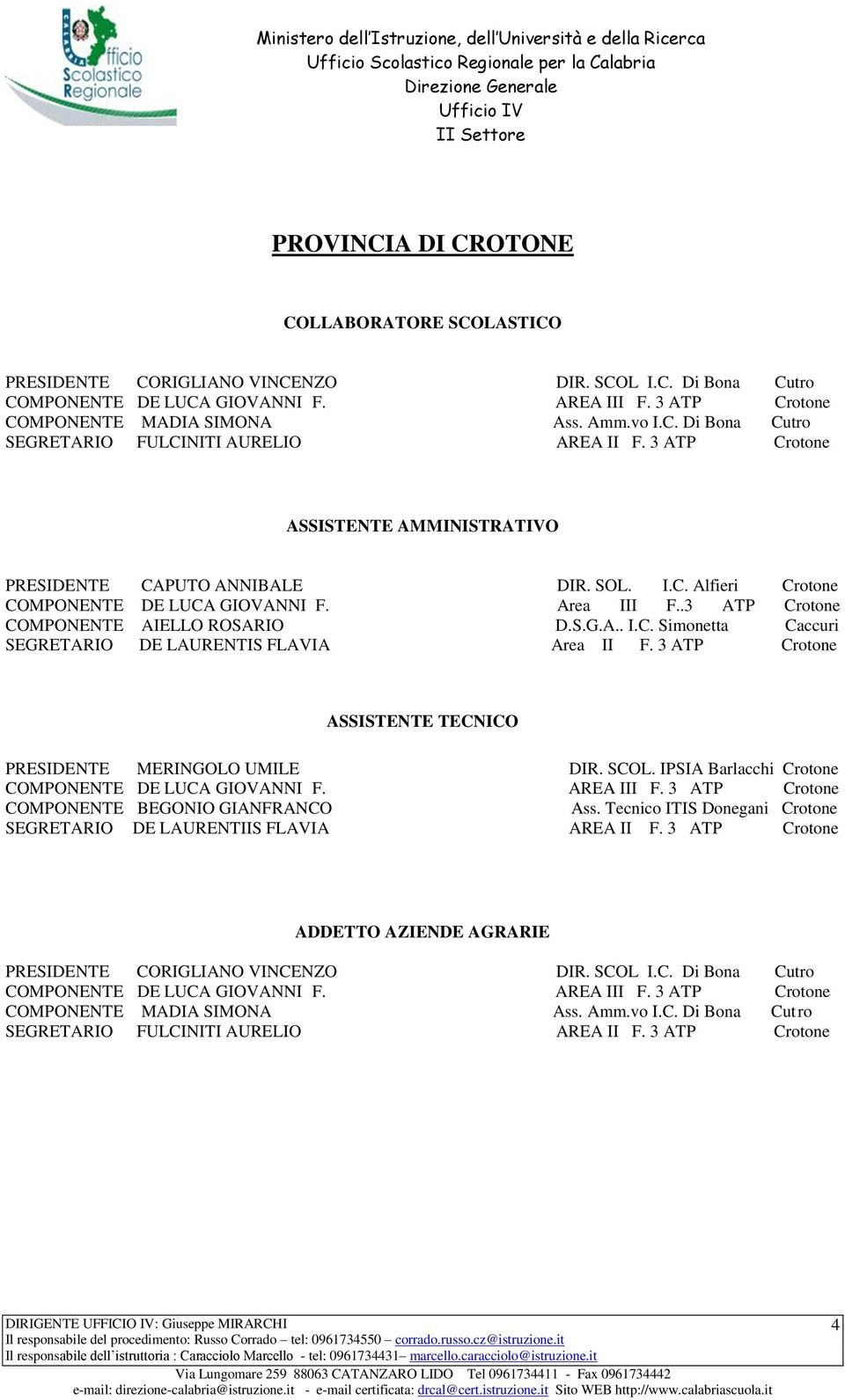 3 ATP Crotone MERINGOLO UMILE DIR. SCOL. IPSIA Barlacchi Crotone DE LUCA GIOVANNI F. AREA III F. 3 ATP Crotone BEGONIO GIANFRANCO Ass. Tecnico ITIS Donegani Crotone DE LAURENTIIS FLAVIA AREA II F.