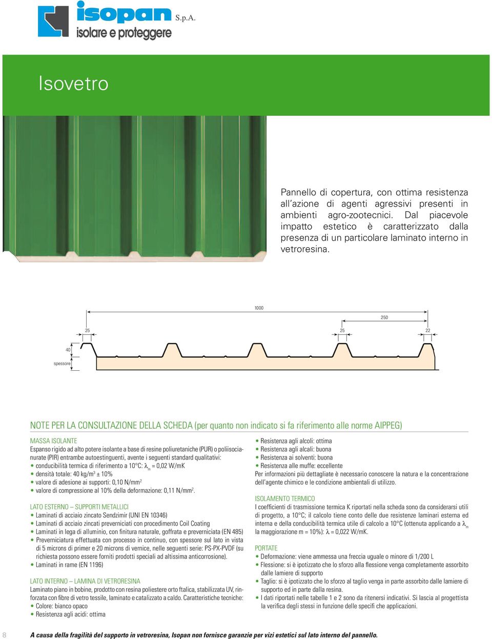 1000 250 25 25 22 40 spessore NOTE PER LA CONSULTAZIONE DELLA SCHEDA (per quanto non indicato si fa riferimento alle norme AIPPEG) MASSA ISOLANTE Espanso rigido ad alto potere isolante a base di