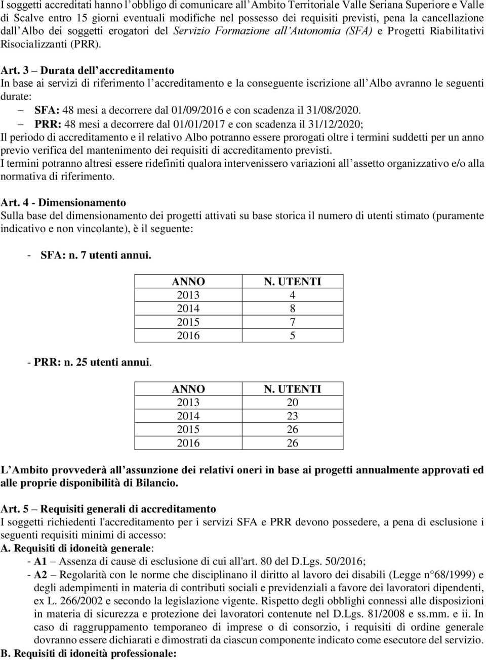 3 Durata dell accreditamento In base ai servizi di riferimento l accreditamento e la conseguente iscrizione all Albo avranno le seguenti durate: SFA: 48 mesi a decorrere dal 01/09/2016 e con scadenza