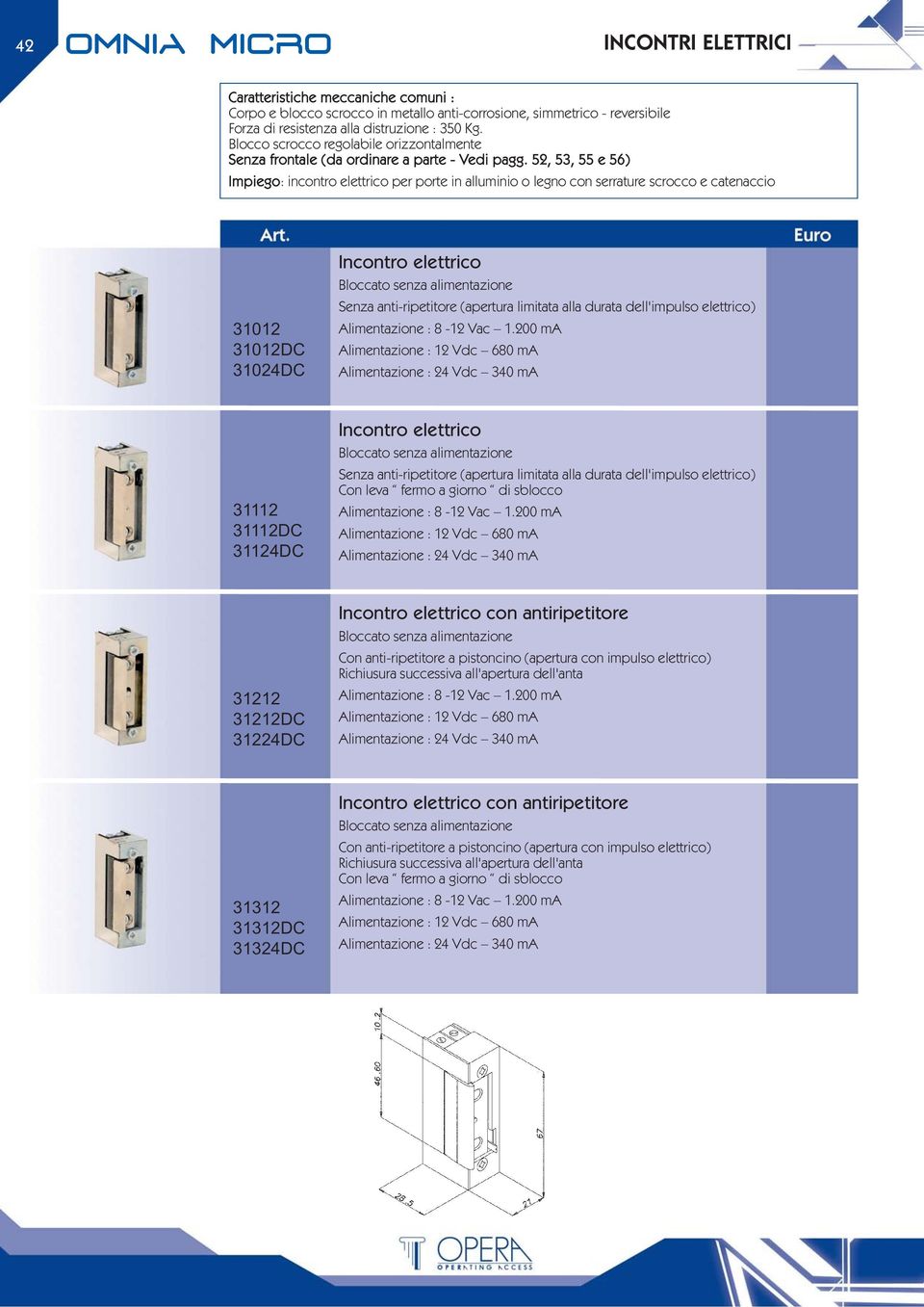 52, 53, 55 e 56) Impiego: incontro elettrico per porte in alluminio o legno con serrature scrocco e catenaccio 31012 31012DC 31024DC Incontro elettrico Senza anti-ripetitore (apertura limitata alla