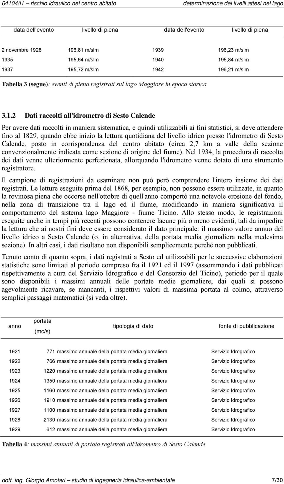 Dati raccolti all'idrometro di Sesto Calende Per avere dati raccolti in maniera sistematica, e quindi utilizzabili ai fini statistici, si deve attendere fino al 189, quando ebbe inizio la lettura