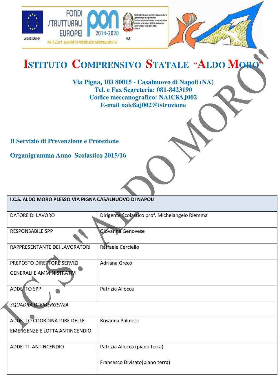 Servizio di Prevenzione e Protezione Organigramma Anno Scolastico 2015/16 I.C.S. ALDO MORO PLESSO