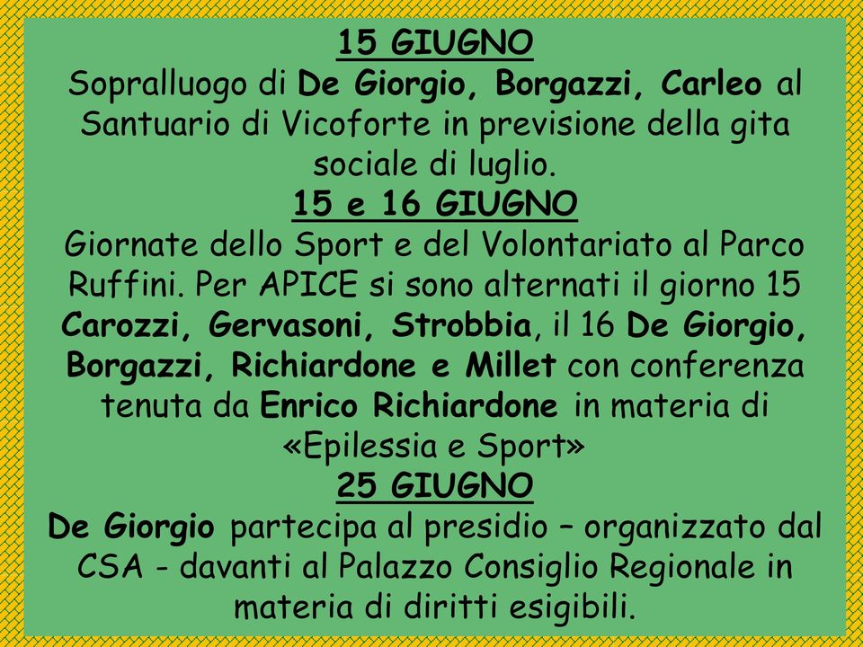 Per APICE si sono alternati il giorno 15 Carozzi, Gervasoni, Strobbia, il 16 De Giorgio, Borgazzi, Richiardone e Millet con