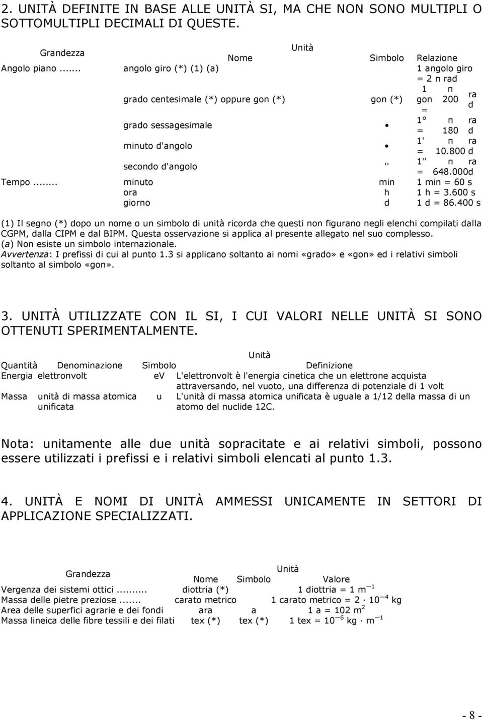 800 d secondo d'angolo '' 1'' π ra = 648.000d Tempo... minuto min 1 min = 60 s ora h 1 h = 3.600 s giorno d 1 d = 86.