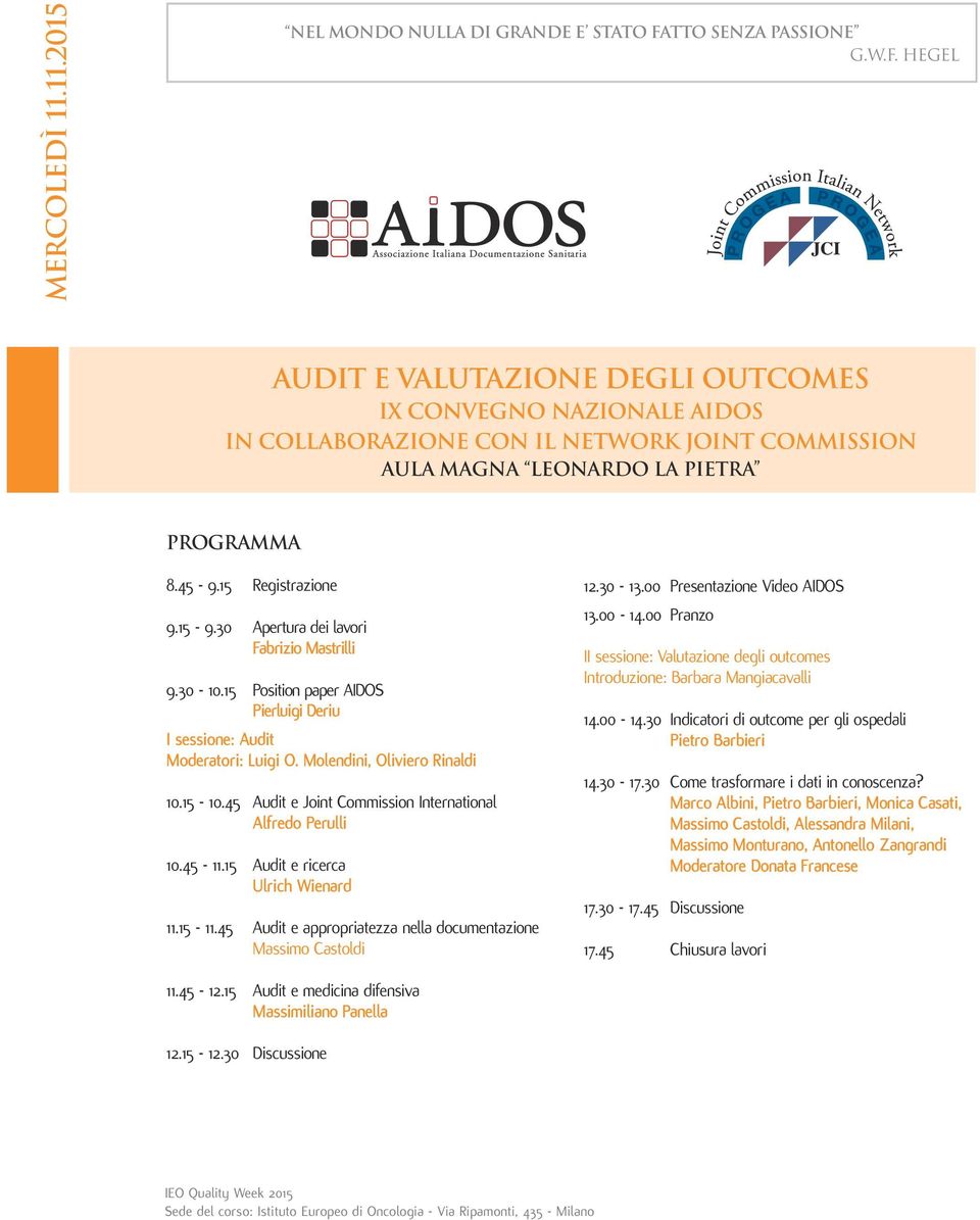 45 Audit e Joint Commission International Alfredo Perulli 10.45-11.15 Audit e ricerca Ulrich Wienard 11.15-11.45 Audit e appropriatezza nella documentazione Massimo Castoldi 12.30-13.