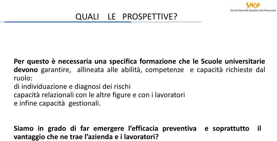 alle abilità, competenze e capacità richieste dal ruolo: di individuazione e diagnosi dei rischi capacità