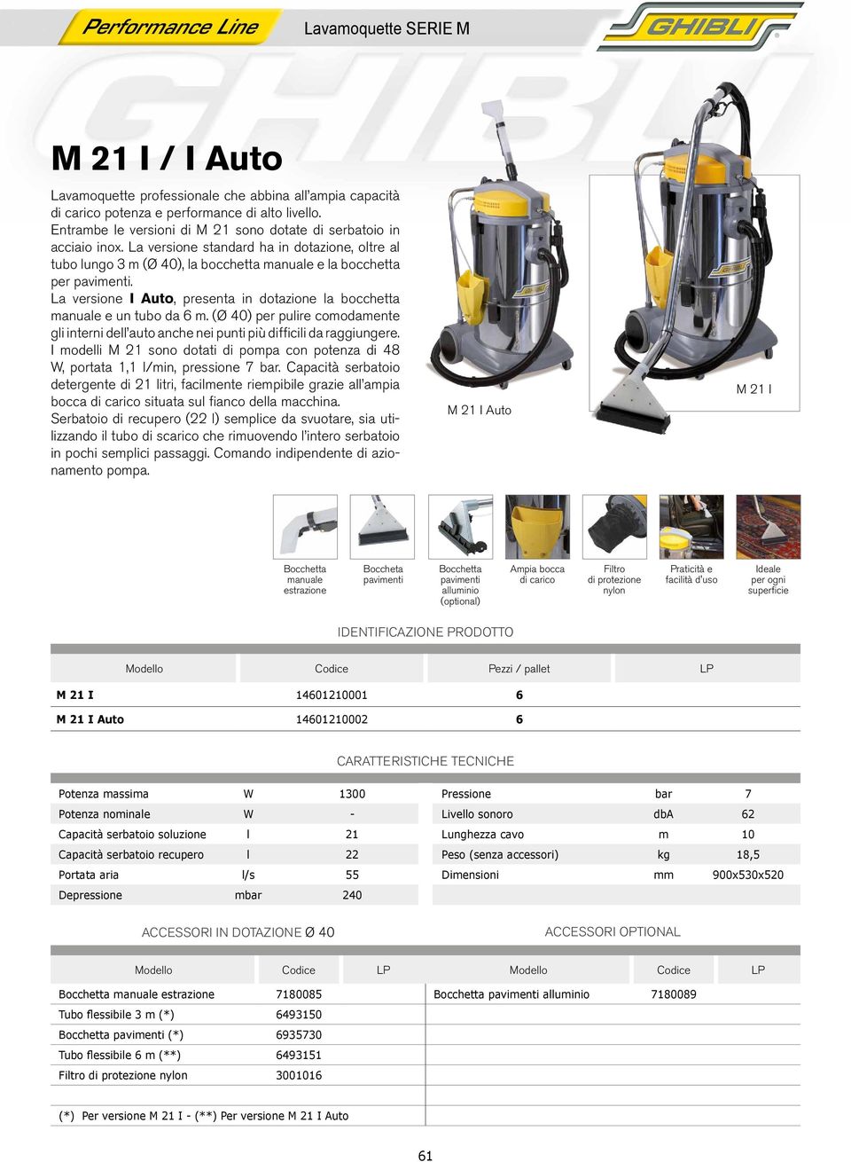 (Ø 40) per pulire comodamente gli interni dell auto anche nei punti più difficili da raggiungere. I modelli M 21 sono dotati di pompa con potenza di 48 W, portata 1,1 l/min, pressione 7 bar.