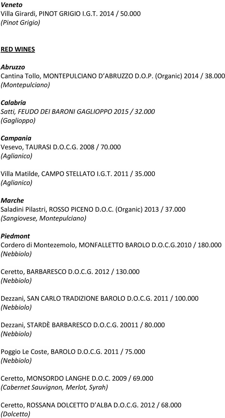 000 (Aglianico) Marche Saladini Pilastri, ROSSO PICENO D.O.C. (Organic) 2013 / 37.000 (Sangiovese, Montepulciano) Piedmont Cordero di Montezemolo, MONFALLETTO BAROLO D.O.C.G.2010 / 180.
