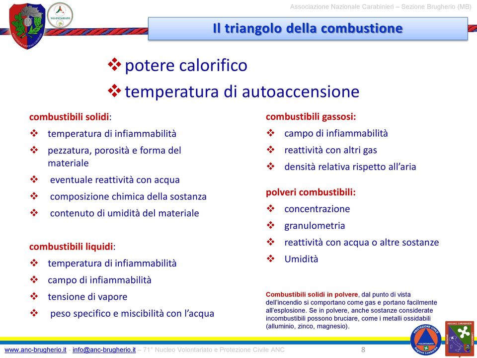 miscibilità con l acqua combustibili gassosi: campo di infiammabilità reattività con altri gas densità relativa rispetto all aria polveri combustibili: concentrazione granulometria reattività con