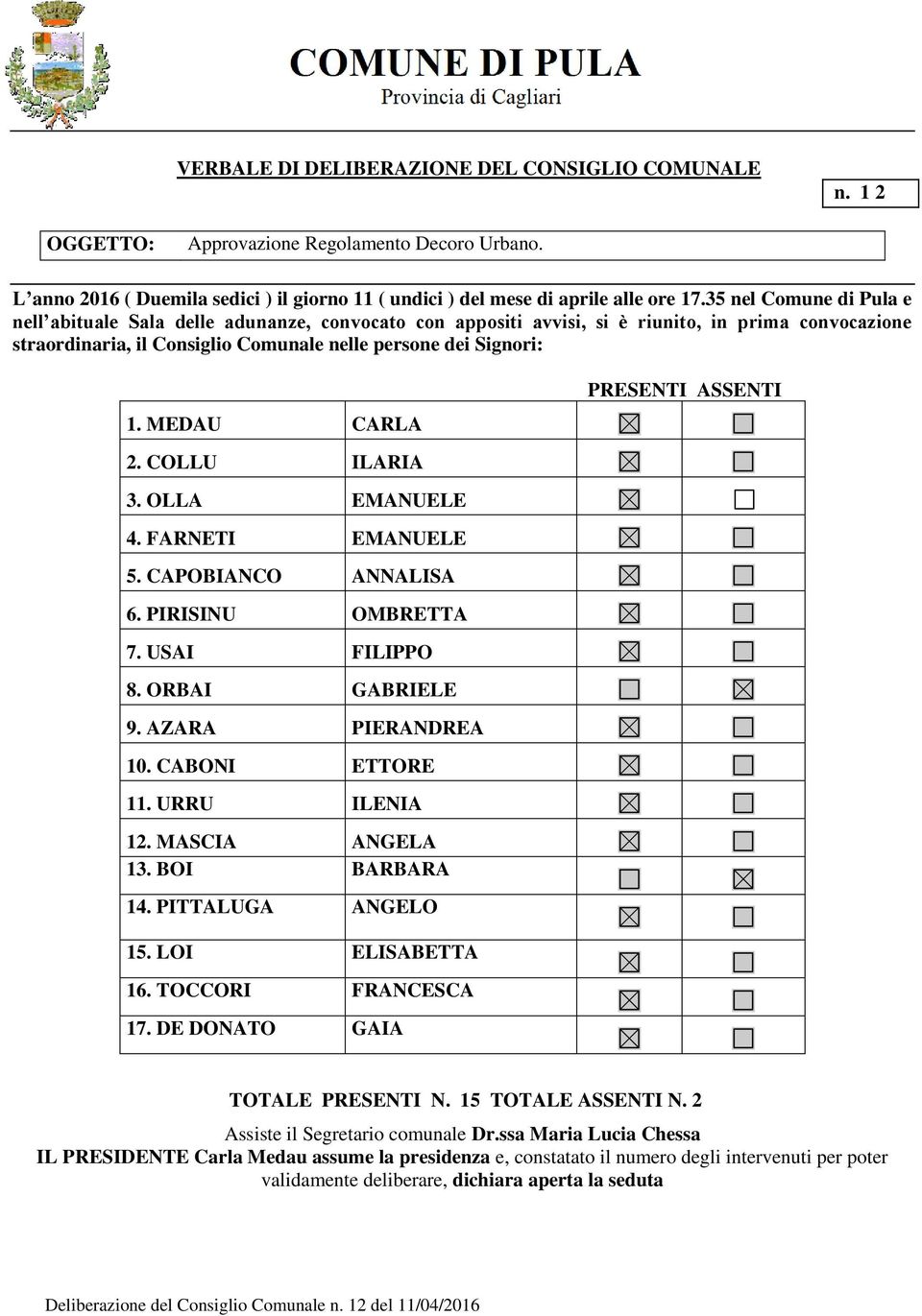 MEDAU CARLA 2. COLLU ILARIA 3. OLLA EMANUELE 4. FARNETI EMANUELE 5. CAPOBIANCO ANNALISA 6. PIRISINU OMBRETTA 7. USAI FILIPPO 8. ORBAI GABRIELE 9. AZARA PIERANDREA 10. CABONI ETTORE 11. URRU ILENIA 12.