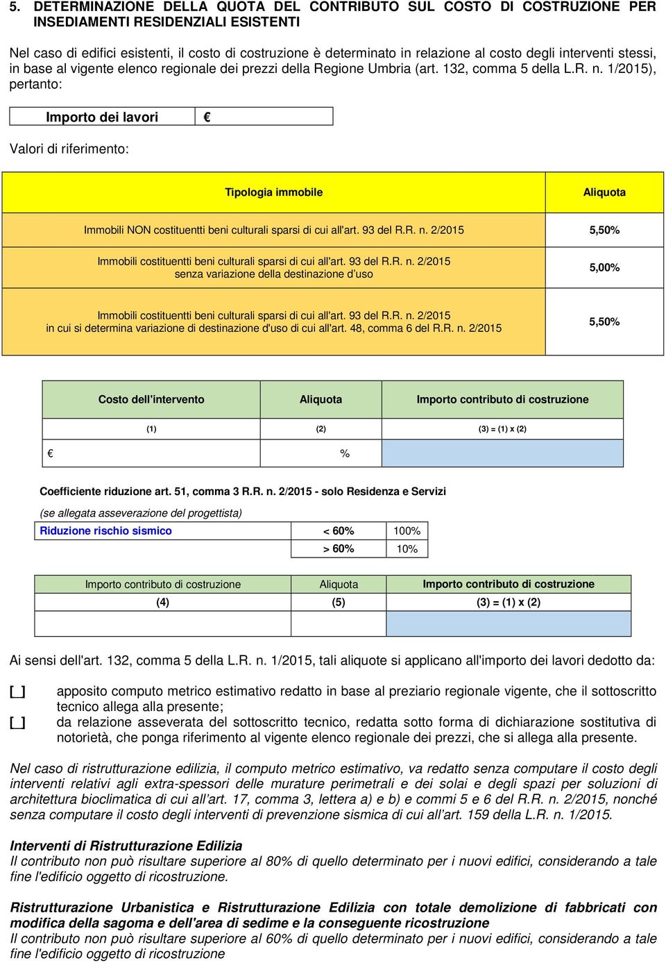 1/2015), pertanto: Importo dei lavori Valori di riferimento: Tipologia immobile Aliquota Immobili NON costituentti beni culturali sparsi di cui all'art. 93 del R.R. n.