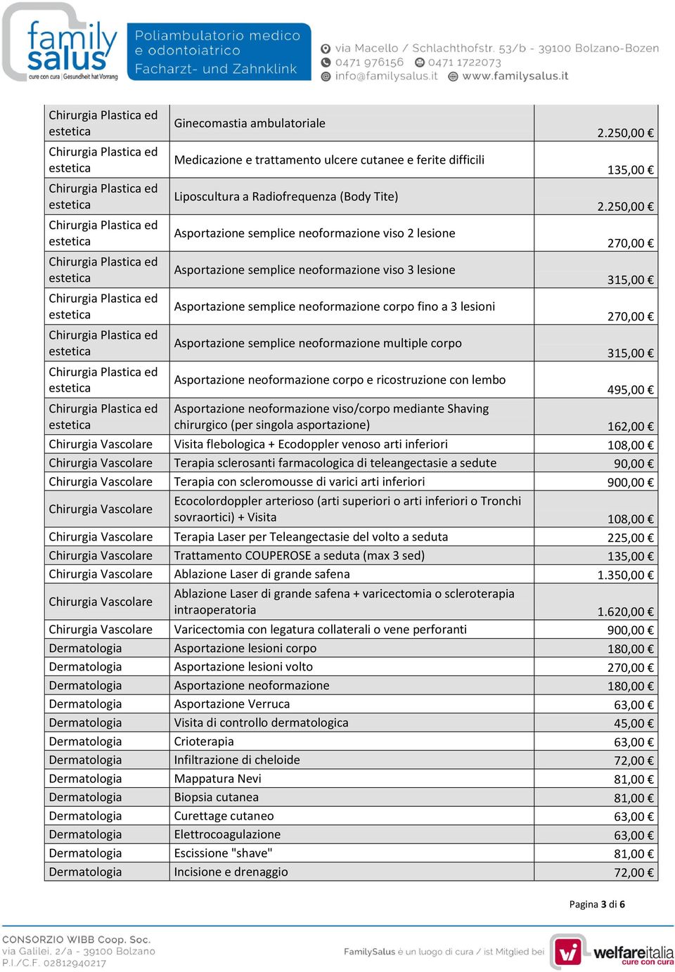 neoformazione corpo e ricostruzione con lembo 495,00 Asportazione neoformazione viso/corpo mediante Shaving chirurgico (per singola asportazione) 162,00 Chirurgia Vascolare Visita flebologica +