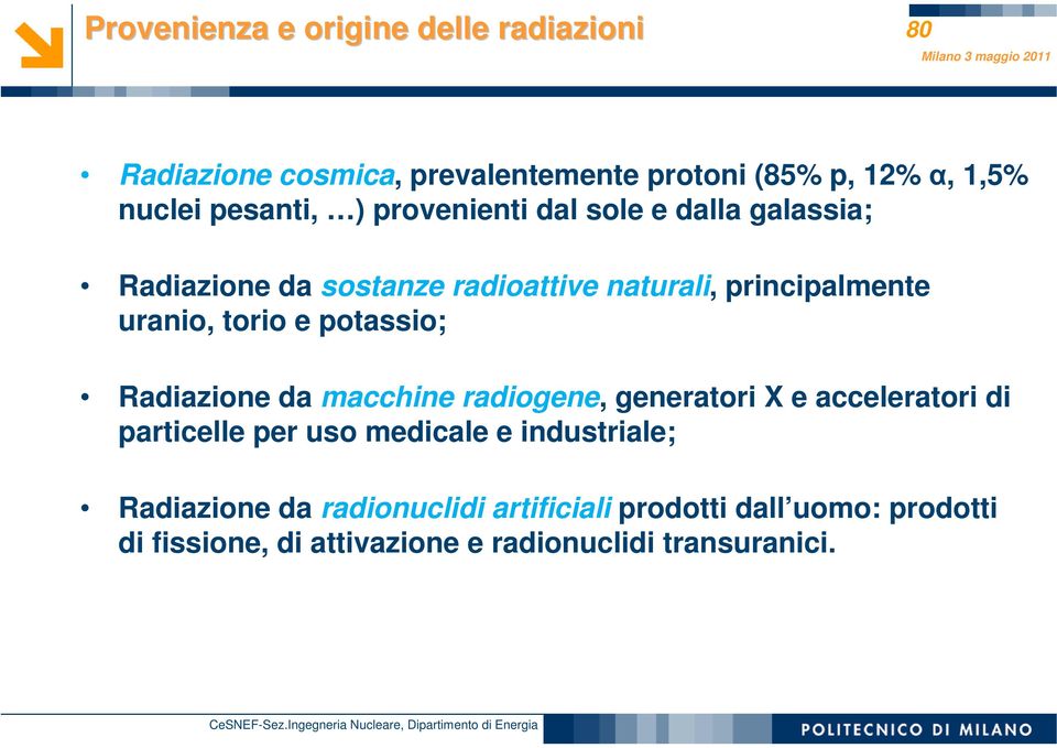 torio e potassio; Radiazione da macchine radiogene, generatori X e acceleratori di particelle per uso medicale e