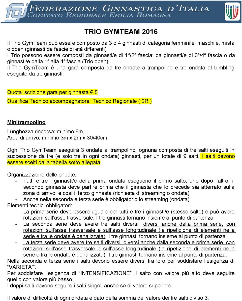 Il Trio GymTeam è una gara composta da tre ondate a trampolino e tre ondata al tumbling eseguite da tre ginnasti.