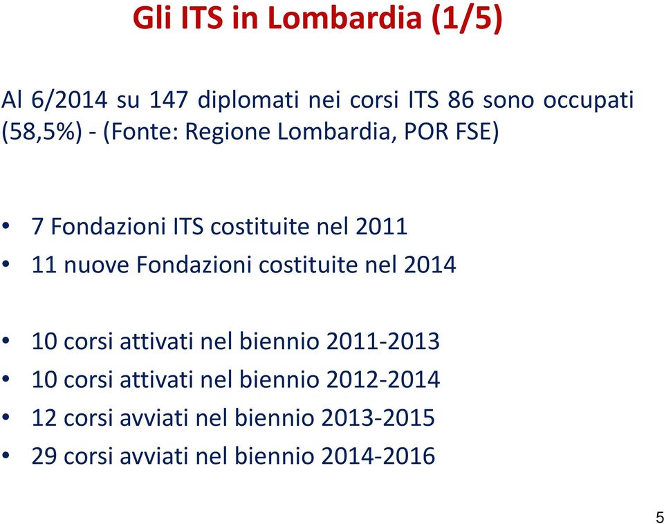 Fondazioni costituite nel 2014 10 corsi attivati nel biennio 2011-2013 10 corsi attivati