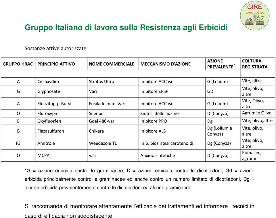 Oxyfluorfen Goal 480-vari Inibitore PPO Dg Vite, olivo, B Flazasulfuron Chikara Inibitore ALS Dg (Lolium e Conyza) F3 Amitrole Weedazole TL Inib.