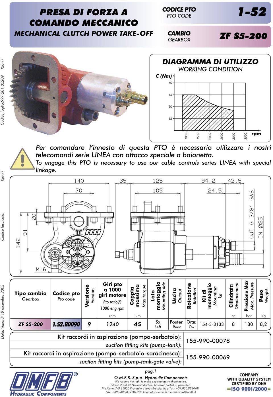 ZF S5-200 1.52.80090 9 1240 45 side Cilindrata Displacement Pressione Max Max. Pressure Nm cc bar Kg Sx Poster. Orar.