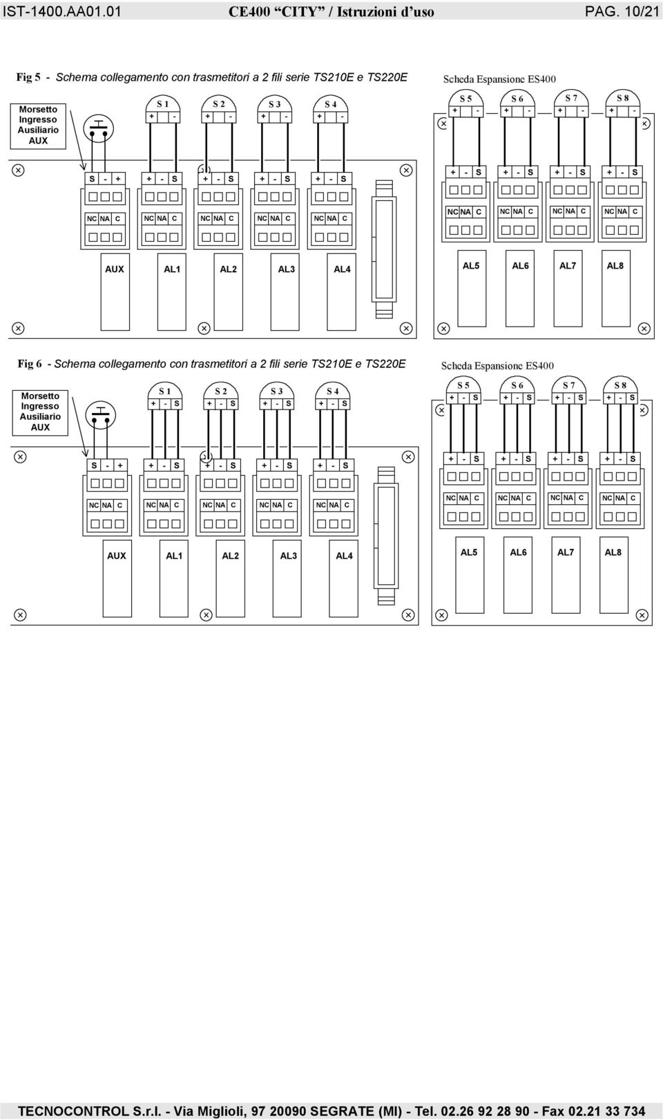 8 + - S - + + - S + - S + - S + - S + - S + - S + - S + - S NC NA C NC NA C NC NA C NC NA C NC NA C NC NA C NC NA C NC NA C NC NA C AUX AL1 AL2 AL3 AL4 AL5 AL6 AL7 AL8 Fig 6 - Schema collegamento