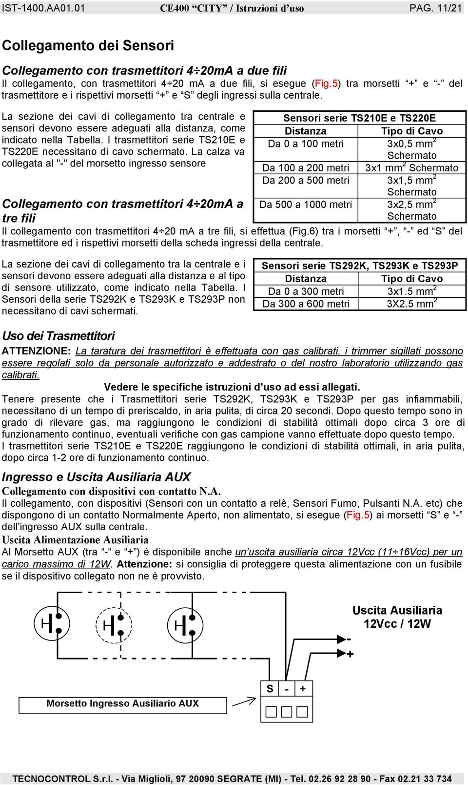 5) tra morsetti + e - del trasmettitore e i rispettivi morsetti + e S degli ingressi sulla centrale.