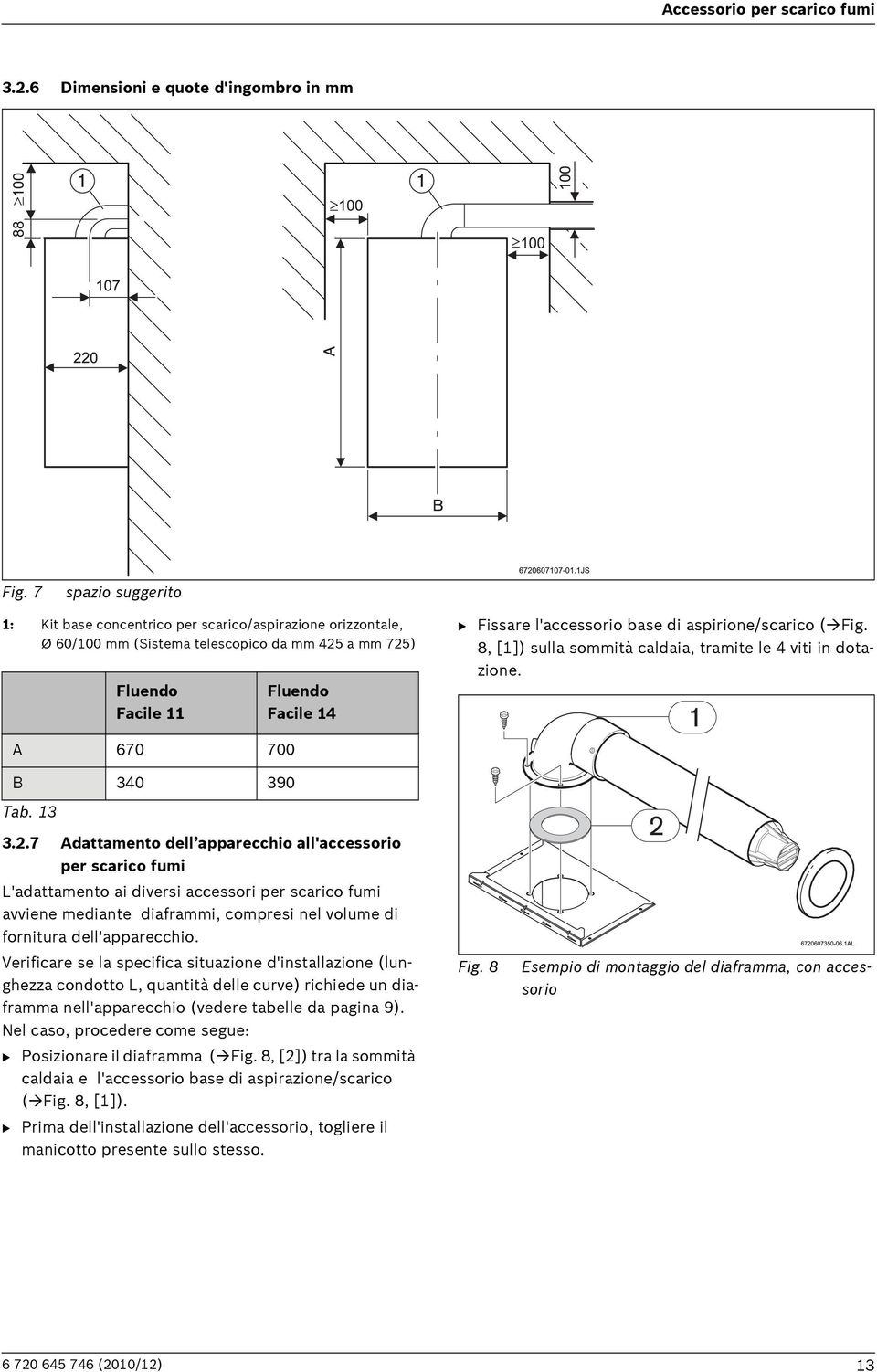 aspirione/scarico ( Fig. 8, [1]) sulla sommità caldaia, tramite le 4 viti in dotazione. A 670 700 B 340 390 Tab. 13 3.2.