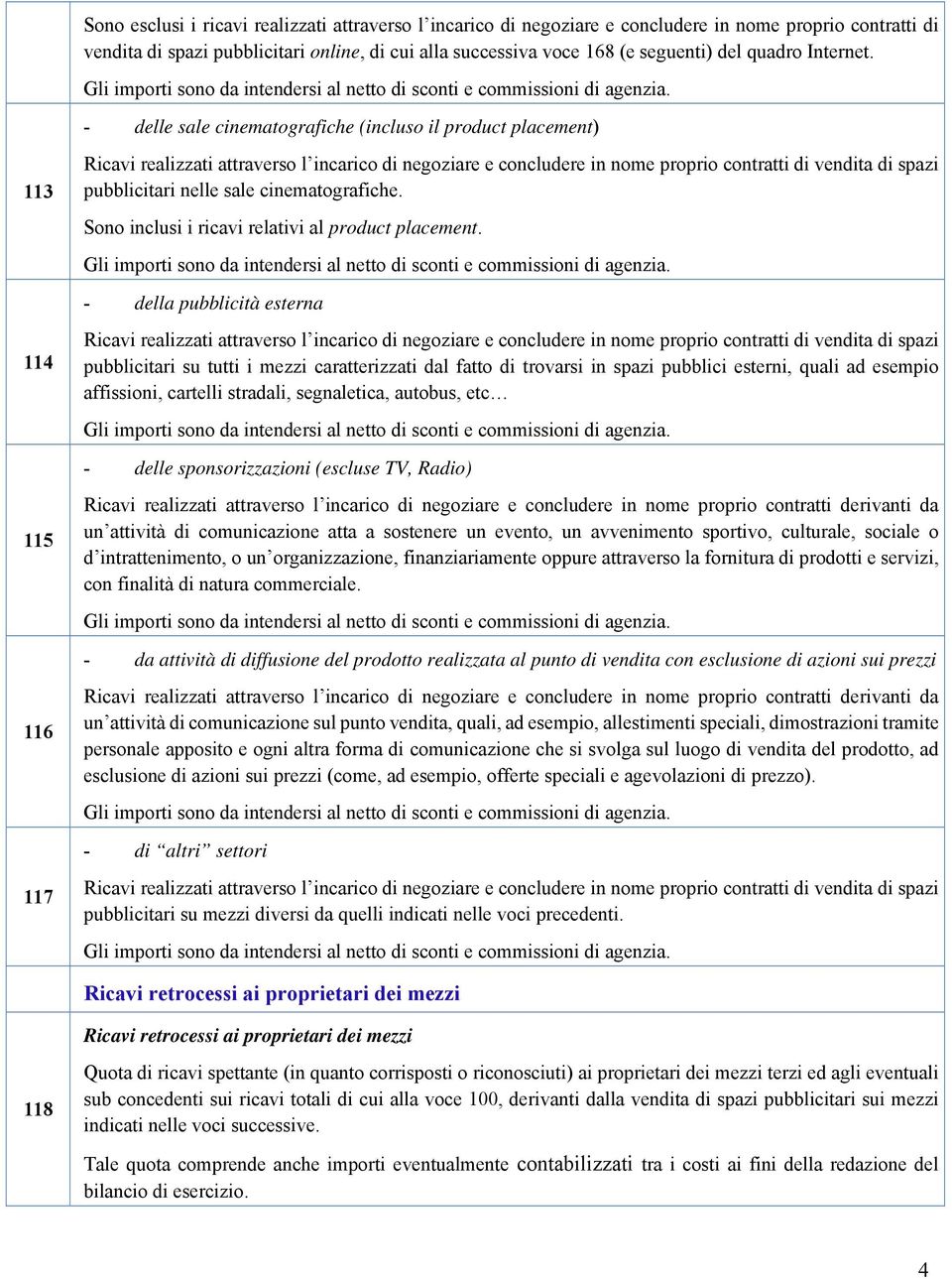 - delle sponsorizzazioni (escluse TV, Radio) 115 Ricavi realizzati attraverso l incarico di negoziare e concludere in nome proprio contratti derivanti da un attività di comunicazione atta a sostenere