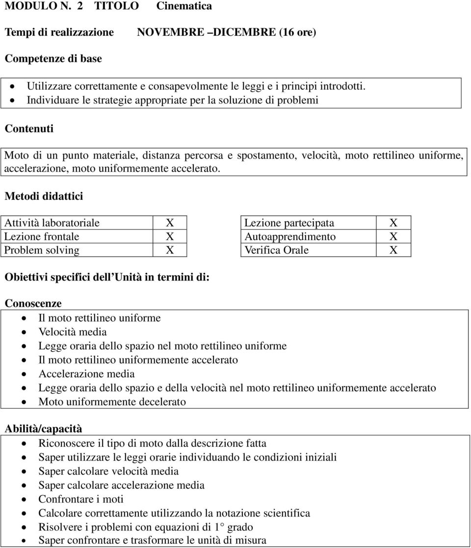 Problem solving X Verifica Orale X Il moto rettilineo uniforme Velocità media Legge oraria dello spazio nel moto rettilineo uniforme Il moto rettilineo uniformemente accelerato Accelerazione media