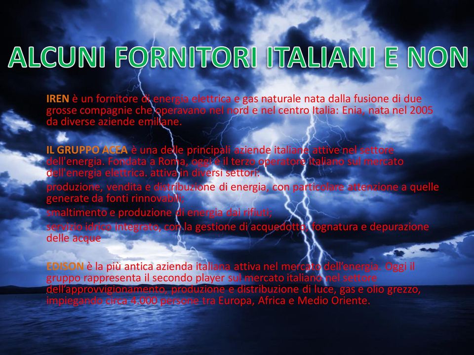 attiva in diversi settori: produzione, vendita e distribuzione di energia, con particolare attenzione a quelle generate da fonti rinnovabili; smaltimento e produzione di energia dai rifiuti; servizio