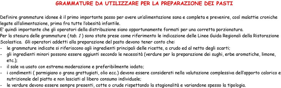 Per la stesura delle grammature (tab. 1 ) sono state prese come riferimento le indicazione delle Linee Guida Regionali della Ristorazione Scolastica.