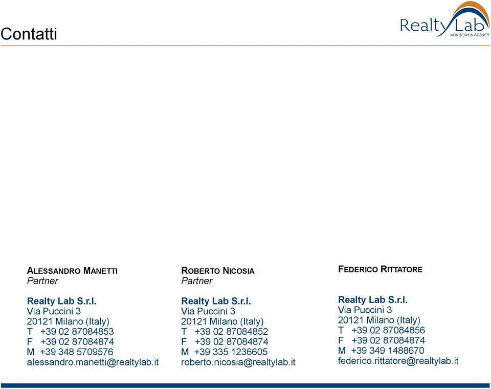 manetti@realtylab.it ROBERTO NICOSIA Partner Realty Lab S.r.l. Via Puccini 3 20121 Milano (Italy) T +39 02 87084852 F +39 02 87084874 M +39 335 1236605 roberto.