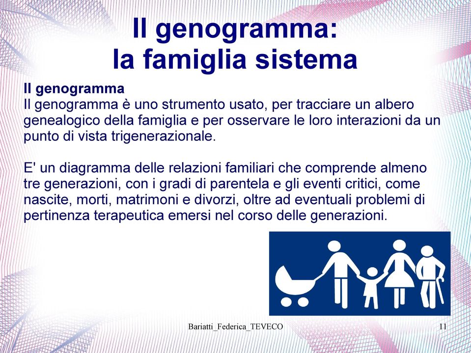 E' un diagramma delle relazioni familiari che comprende almeno tre generazioni, con i gradi di parentela e gli