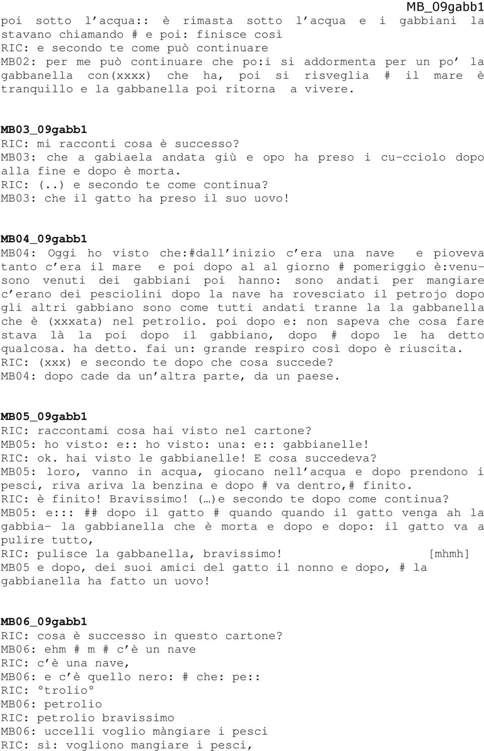 MB03: che a gabiaela andata giù e opo ha preso i cu-cciolo dopo alla fine e dopo è morta. RIC: (..) e secondo te come continua? MB03: che il gatto ha preso il suo uovo!