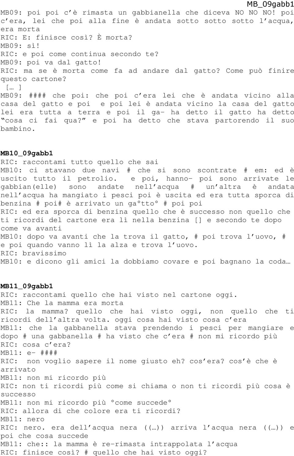 [ ] MB09: #### che poi: che poi c era lei che è andata vicino alla casa del gatto e poi e poi lei è andata vicino la casa del gatto lei era tutta a terra e poi il ga- ha detto il gatto ha detto cosa