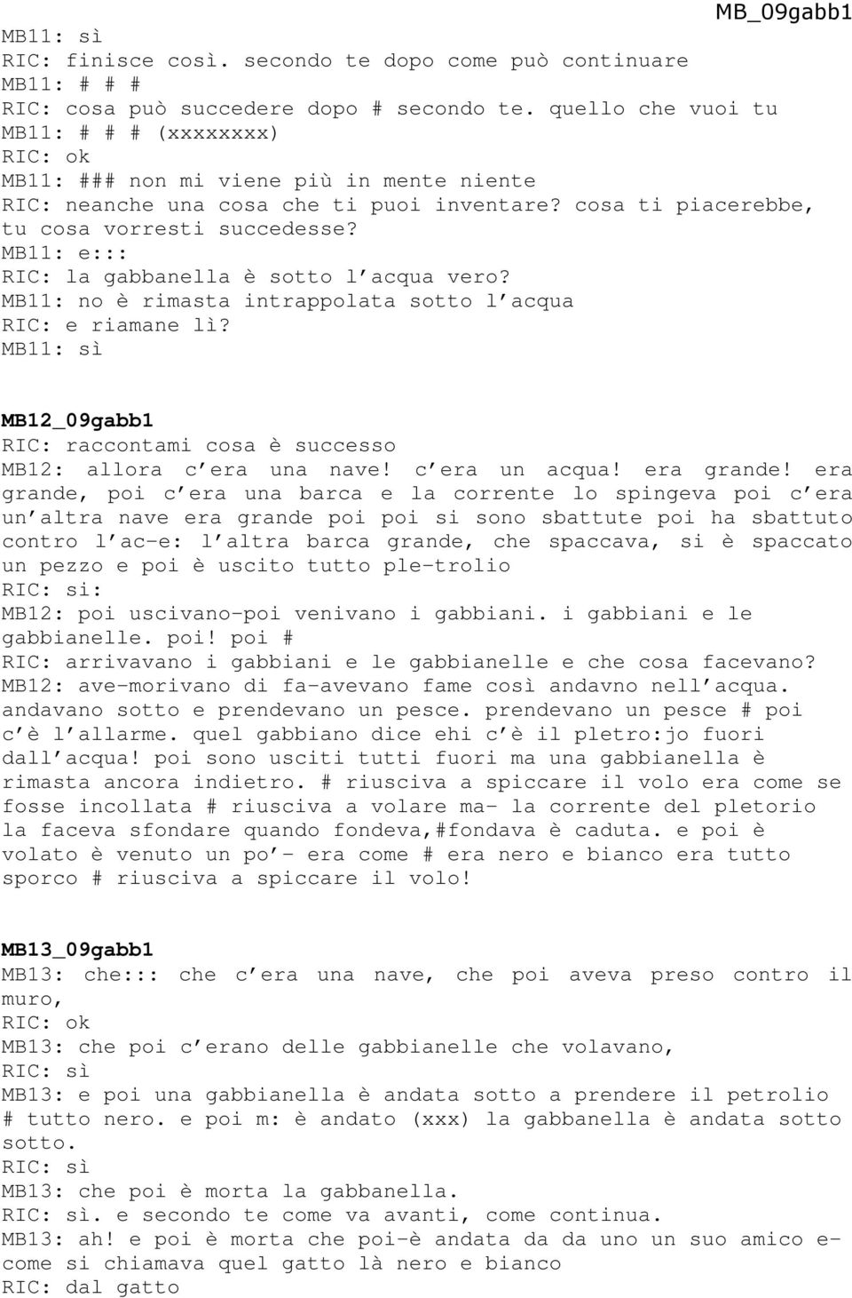 MB11: e::: RIC: la gabbanella è sotto l acqua vero? MB11: no è rimasta intrappolata sotto l acqua RIC: e riamane lì? MB11: sì MB12_09gabb1 RIC: raccontami cosa è successo MB12: allora c era una nave!