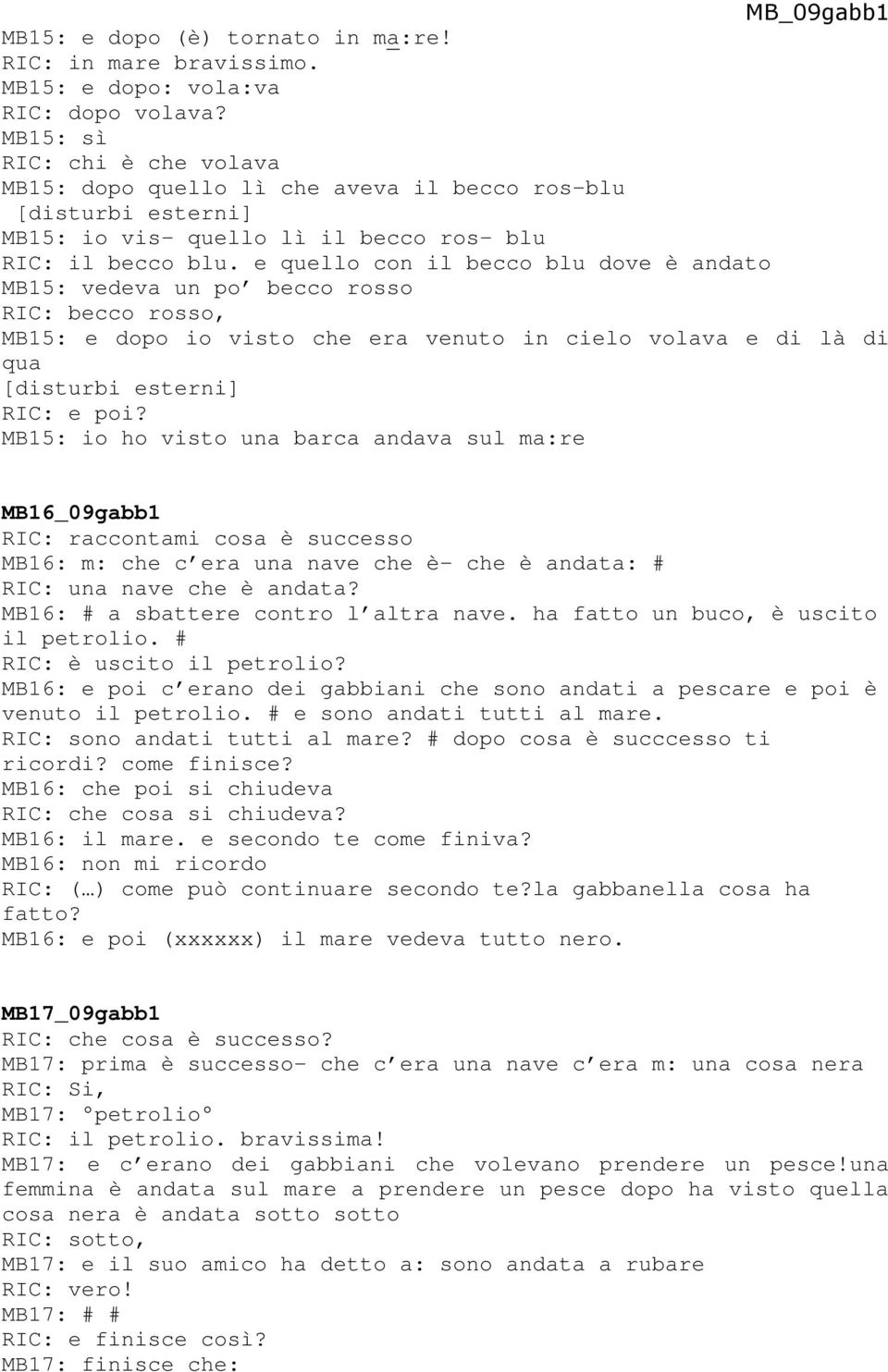 e quello con il becco blu dove è andato MB15: vedeva un po becco rosso RIC: becco rosso, MB15: e dopo io visto che era venuto in cielo volava e di là di qua RIC: e poi?