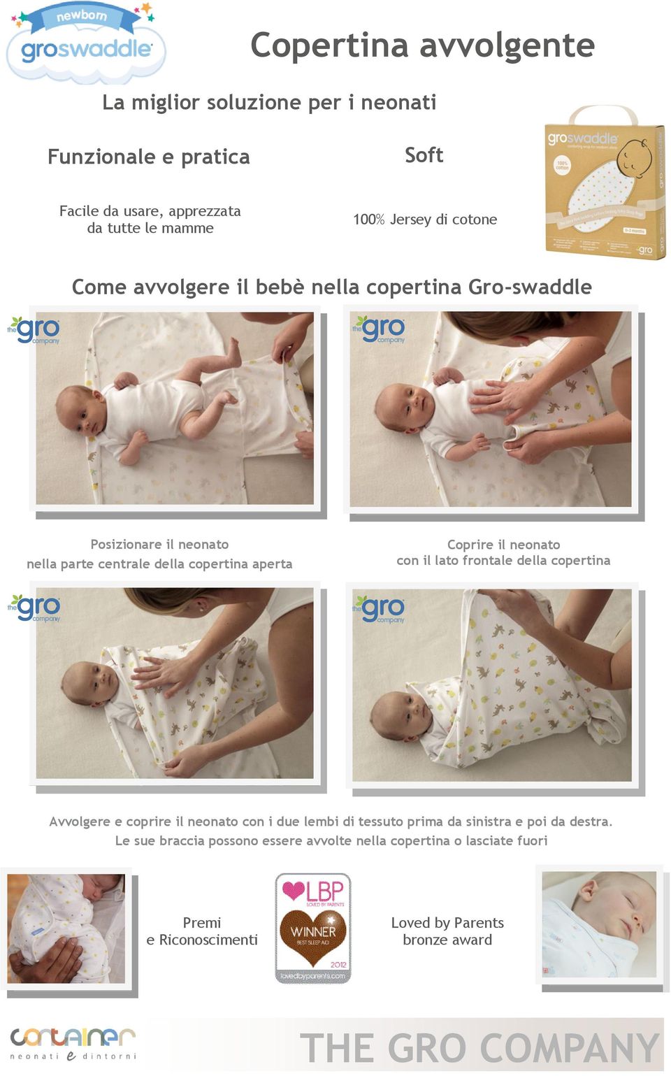Coprire il neonato con il lato frontale della copertina Avvolgere e coprire il neonato con i due lembi di tessuto prima da sinistra e