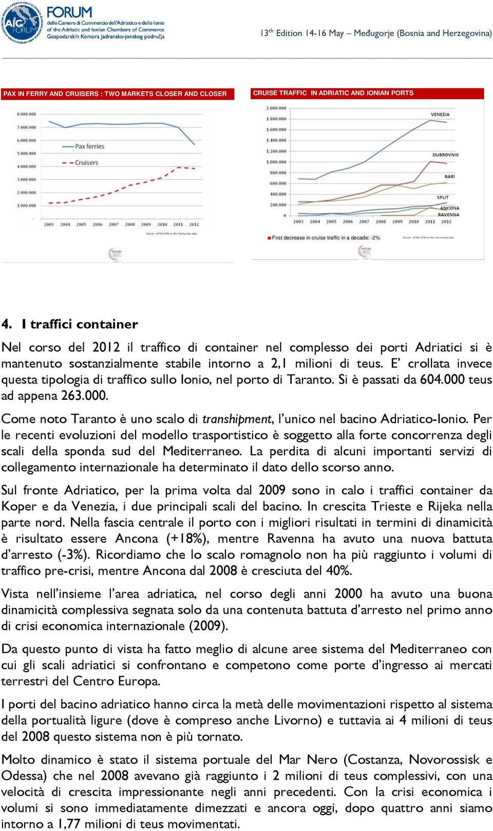 E crollata invece questa tipologia di traffico sullo Ionio, nel porto di Taranto. Si è passati da 604.000 teus ad appena 263.000. Come noto Taranto è uno scalo di transhipment, l unico nel bacino Adriatico-Ionio.