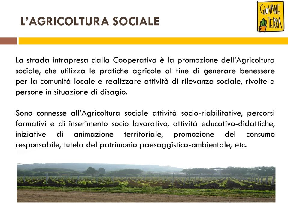 Sono connesse all Agricoltura sociale attività socio-riabilitative, percorsi formativi e di inserimento socio lavorativo, attività