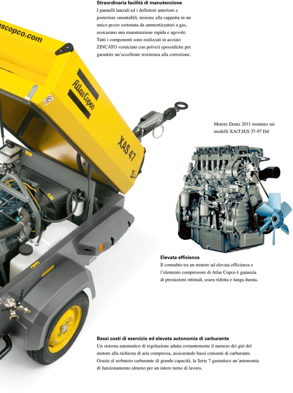 Motore Deutz 2011 montato sui modelli XA(T,H)S 37-97 Dd Elevata efficienza Il connubio tra un motore ad elevata efficienza e l elemento compressore di Atlas Copco è garanzia di prestazioni ottimali,