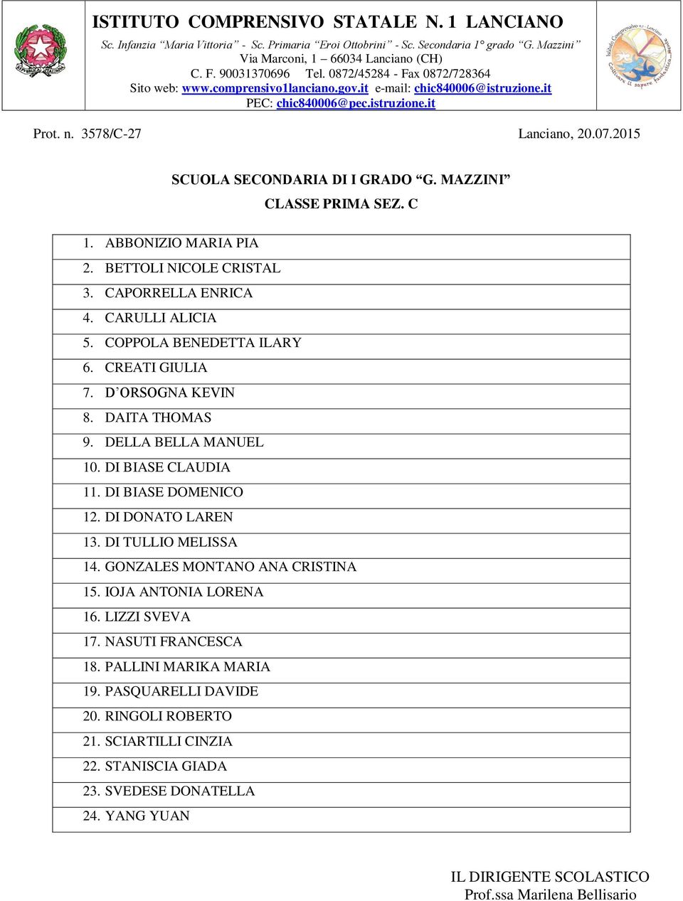 DELLA BELLA MANUEL 10. DI BIASE CLAUDIA 11. DI BIASE DOMENICO 12. DI DONATO LAREN 13. DI TULLIO MELISSA 14. GONZALES MONTANO ANA CRISTINA 15. IOJA ANTONIA LORENA 16.