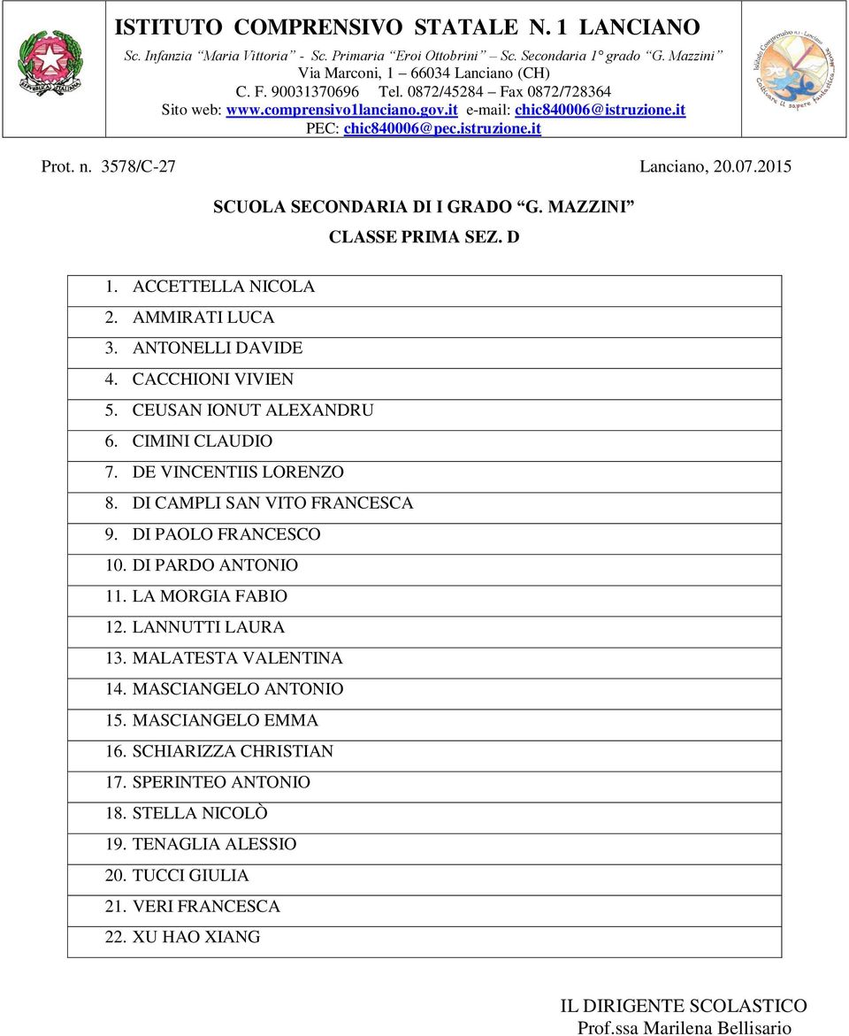 LA MORGIA FABIO 12. LANNUTTI LAURA 13. MALATESTA VALENTINA 14. MASCIANGELO ANTONIO 15. MASCIANGELO EMMA 16.