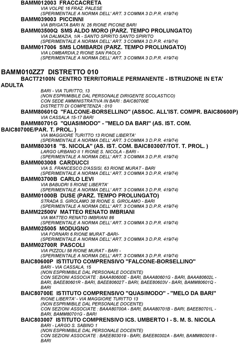 TEMPO PROLUNGATO) VIA LOMBARDIA,2 RIONE SAN PAOLO BAMM010ZZ7 DISTRETTO 010 BACT72100N CENTRO TERRITORIALE PERMANENTE - ISTRUZIONE IN ETA' BARI - VIA TURITTO, 13 CON SEDE AMMINISTRATIVA IN BARI :