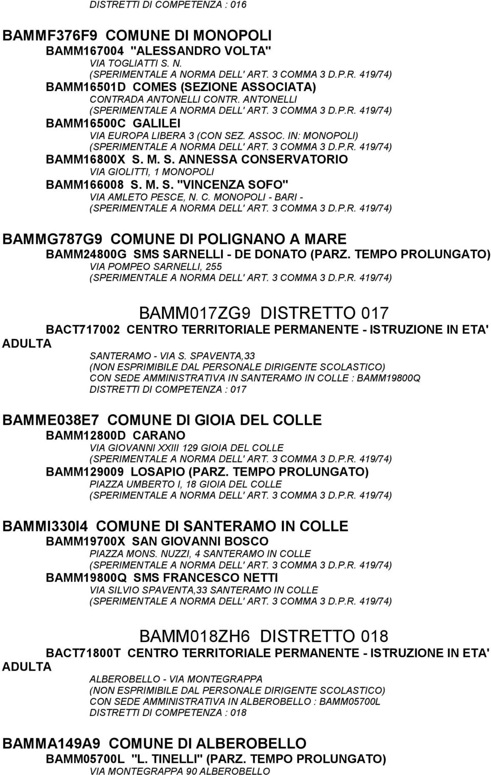 C. MONOPOLI - BARI - BAMMG787G9 COMUNE DI POLIGNANO A MARE BAMM24800G SMS SARNELLI - DE DONATO (PARZ.